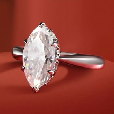 Damen Ehering 3 kt Marquiseschliff Moissanit S925 Silber 18 Karat Weißgold vergoldet