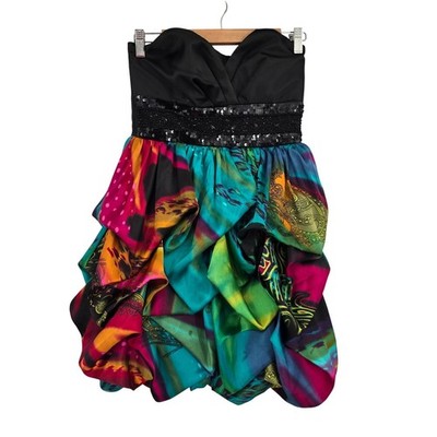 Speechless Womens Y2K Strapless Bubble Dress Sequin Waist Multicolor Satin 7