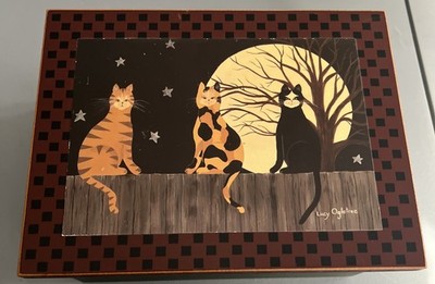 Lucy Ogletree Cat Storage Wood Box Jewelry Box 8.5 x6.6 x4.5  Hinged Top