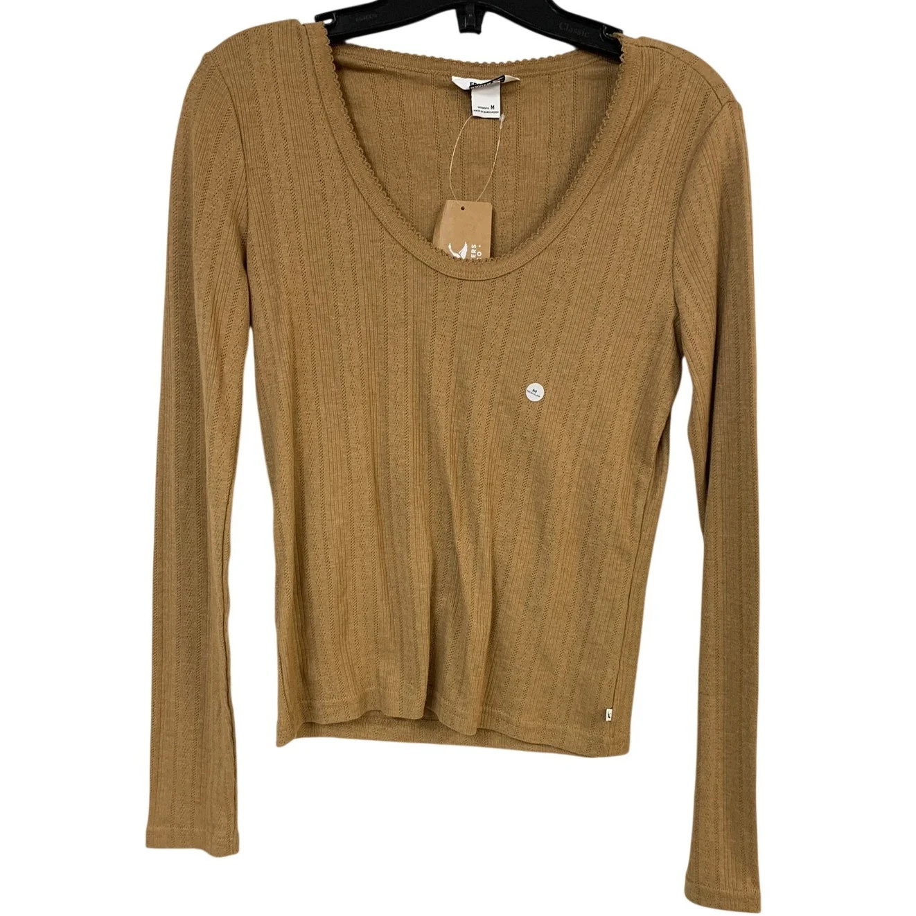 New Eddie Bauer Womens Camel Brown Perfect Pointelle Long Sleeve PolyCotton Top
