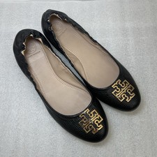 Tory Burch Melinda Ballet Flat Black/Gold Tumbled Leather Size 8 M VGC
