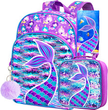 3PCS Girls Backpack, 16" Sequin Prechool Elementary Bookbag and Lunch Box