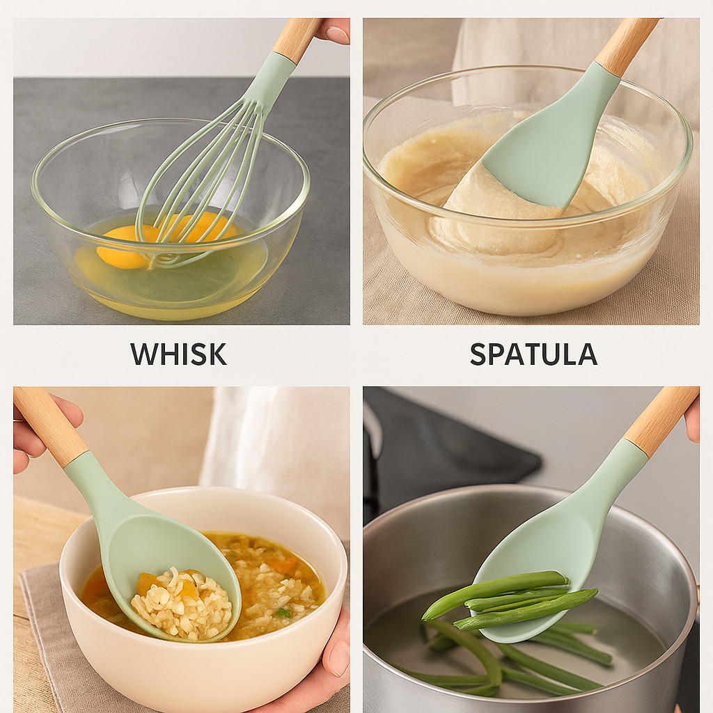 MaxLife Silicone Cooking Utensil Set with Holder, 12-Piece – Sage Green, Wooden