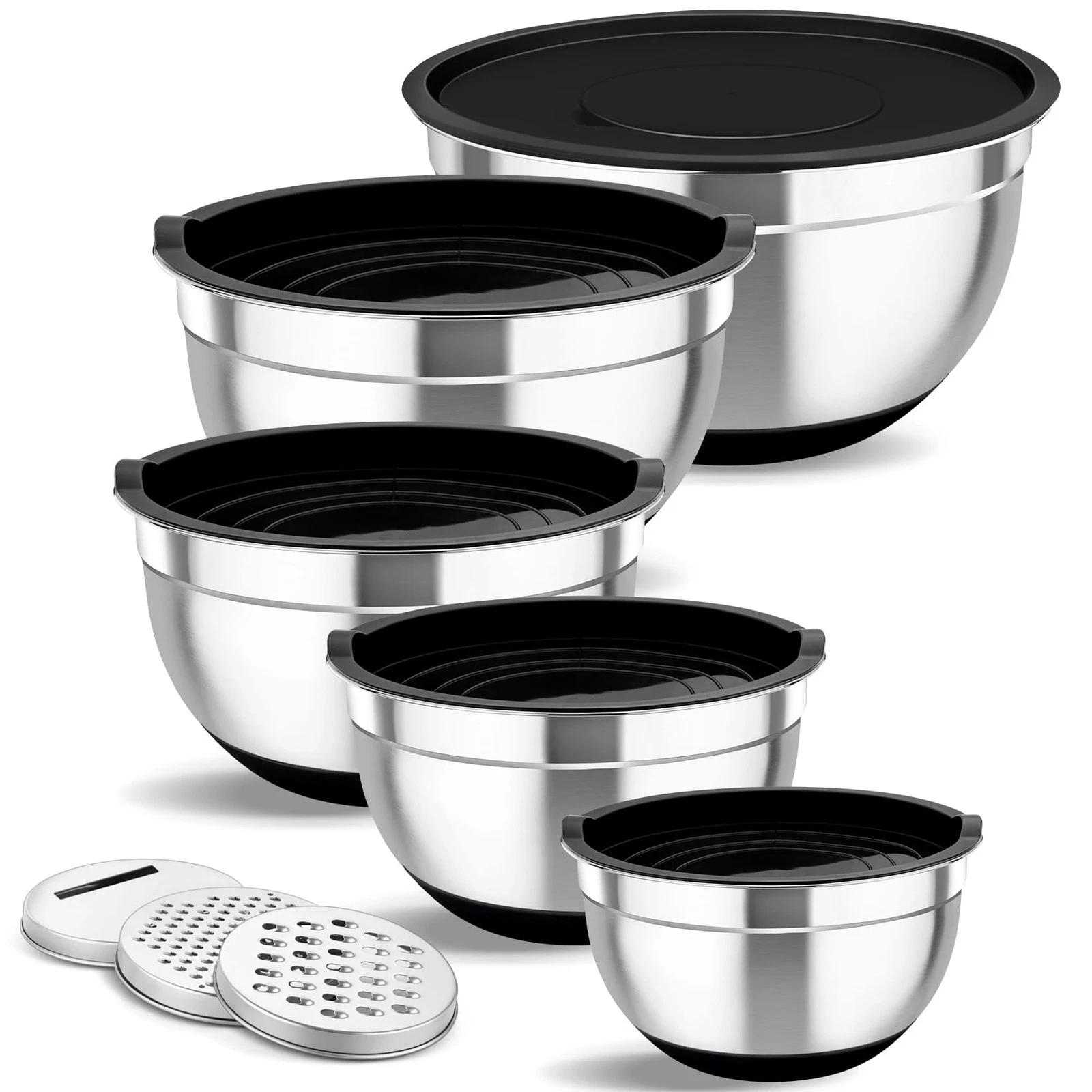 Mixing Bowls Set of 5, Stainless Steel Nesting Salad Bowl with Lid & 3 Grater...