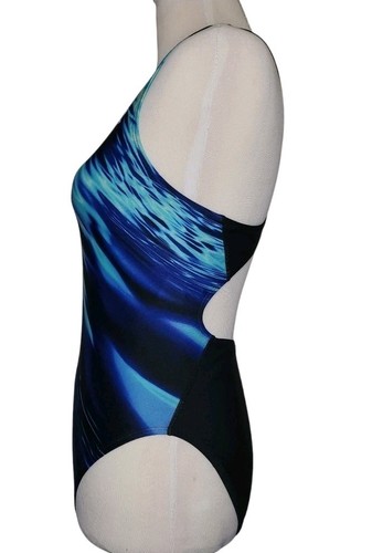 Traje de baño atlético de colección años 80 TYR 1 PIEZA azul degradado corte alto negro corredor espalda playa - Imagen 2 de 8