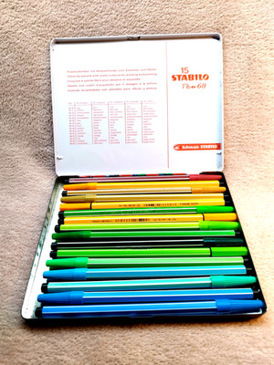 Stabilo Pen 68 Vintage 1980 Tin Set 15 Fibre Tip Pens West Germany Retro Office