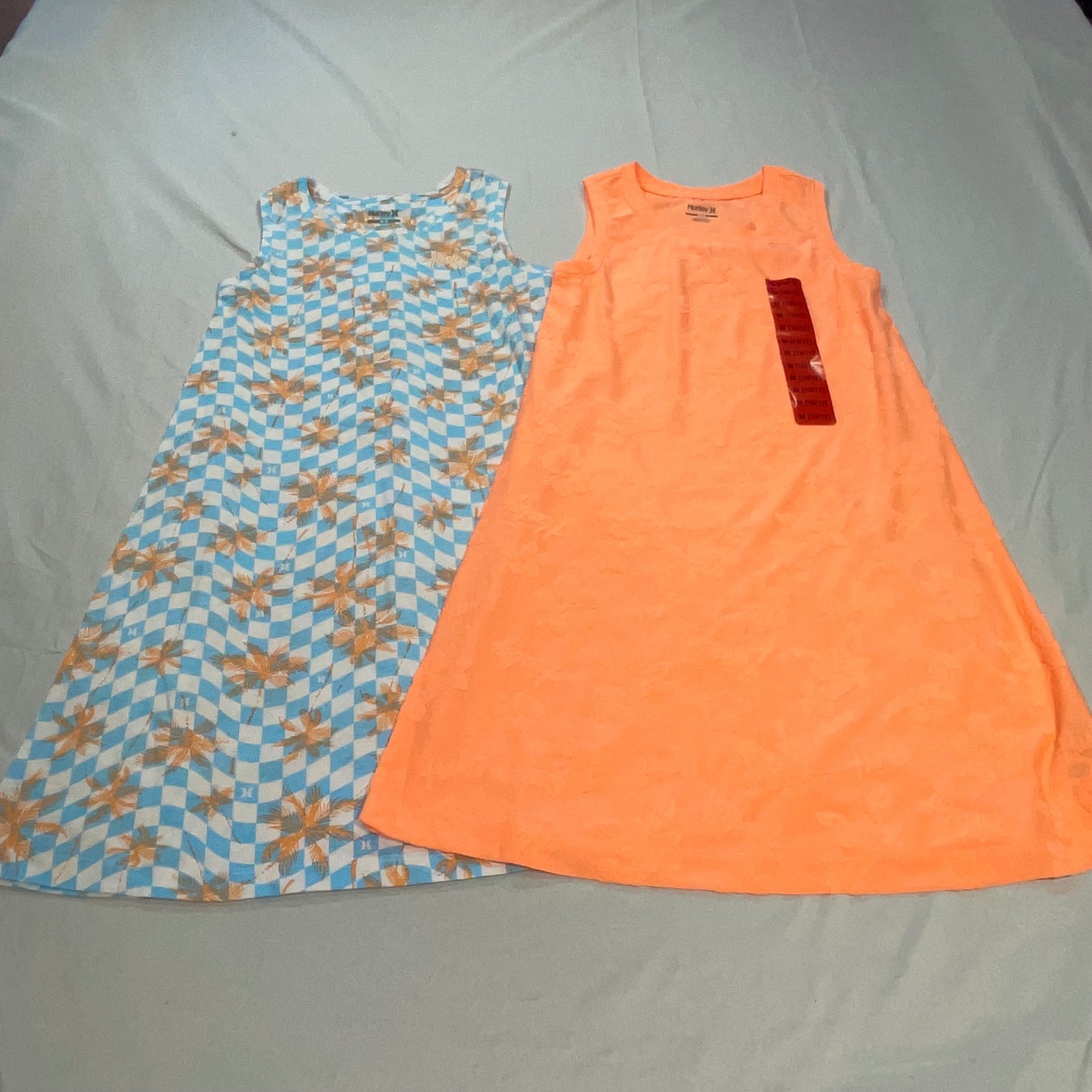 Hurley Girls 2 Pack Sleeveless Knit Dresses Size 10/12 Blue Checkered Orange NEW