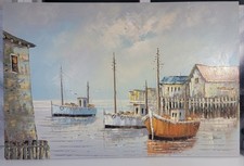 36" X 24" OIL CANVAS PAINTING SIGNED Johnson Seascape with Fishing Schooners