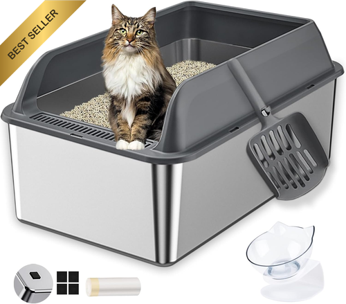 XL Stainless Steel Cat Litter Box 60x40x30cm with Lid Scoop Bowl - Picture 10 of 12
