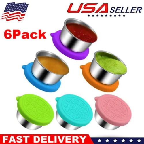 6 Salad Dressing Cups Steel Sauce Container Reusable Leakproof Wi/ Silicone Lids