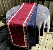 NINE FEET ( 9 Ft. ) LONG RED WHITE AND BLUE RUSTIC TABLE RUNNER, REVERSIBLE