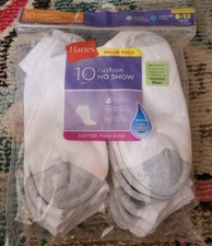 NEW 10 Women's cushion full sole no show white socks shoe size 8-12 Hanes cool