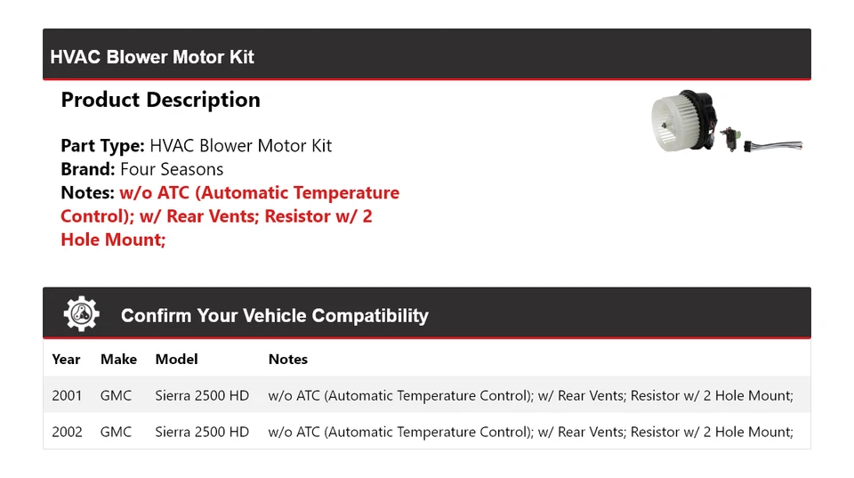 Kit de motor soplador HVAC para GMC Sierra 2500 HD 2001-2002 4 estaciones Foto 2 de 3