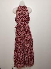 Cottage Chic Maxi Dress LONG Pink Roses Halter Neck SMALL Shein Ruffle Tier