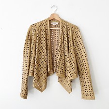 Milly Lamb Leather Geometric Laser Cut Perforated Cropped Jacket Tan Size Small?