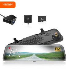 WOLFBOX 4K 12" With Super Night Vision Mirror Dash Cam WDR Backup Camera