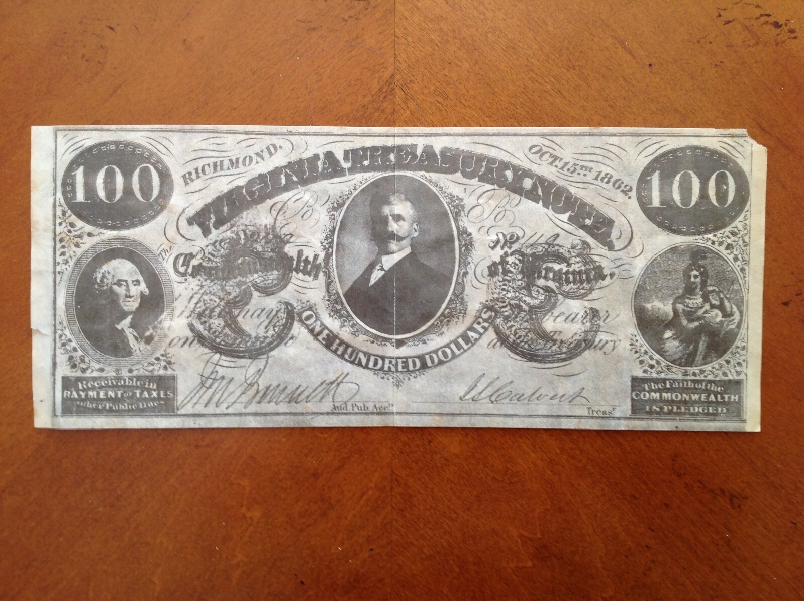 100 Virginia Treasury Note No. 119 Oct. 15, 1862 Commonwealth of