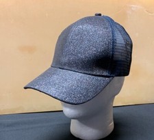 C.C Messy Bun Ponytail Trucker Hat Baseball Cap Black with Glitter Women's OSFM
