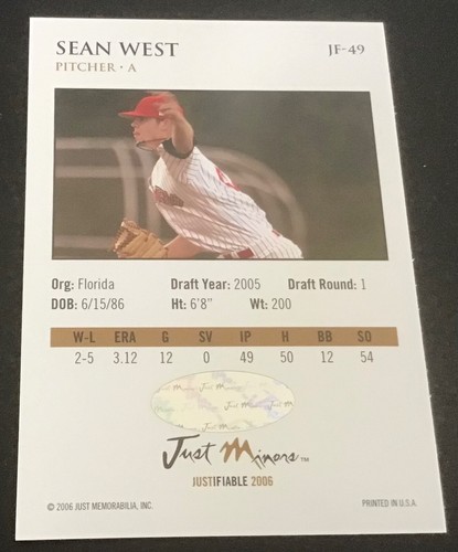 2006 Just Minors Baseball Autograph Trading Card JF-49 Sean West NM-MT - Picture 2 of 2