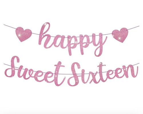 Rose Gold Glitter Happy Sweet 16 Birthday Banner, Pre-Strung, Girls, rose gold