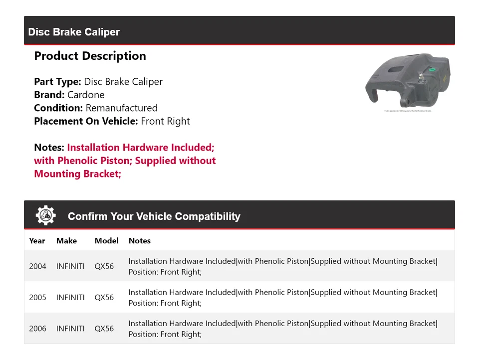 Pinza de freno de disco delantera derecha Cardone 2005 para Infiniti QX56 2004-2006 Foto 2 de 4