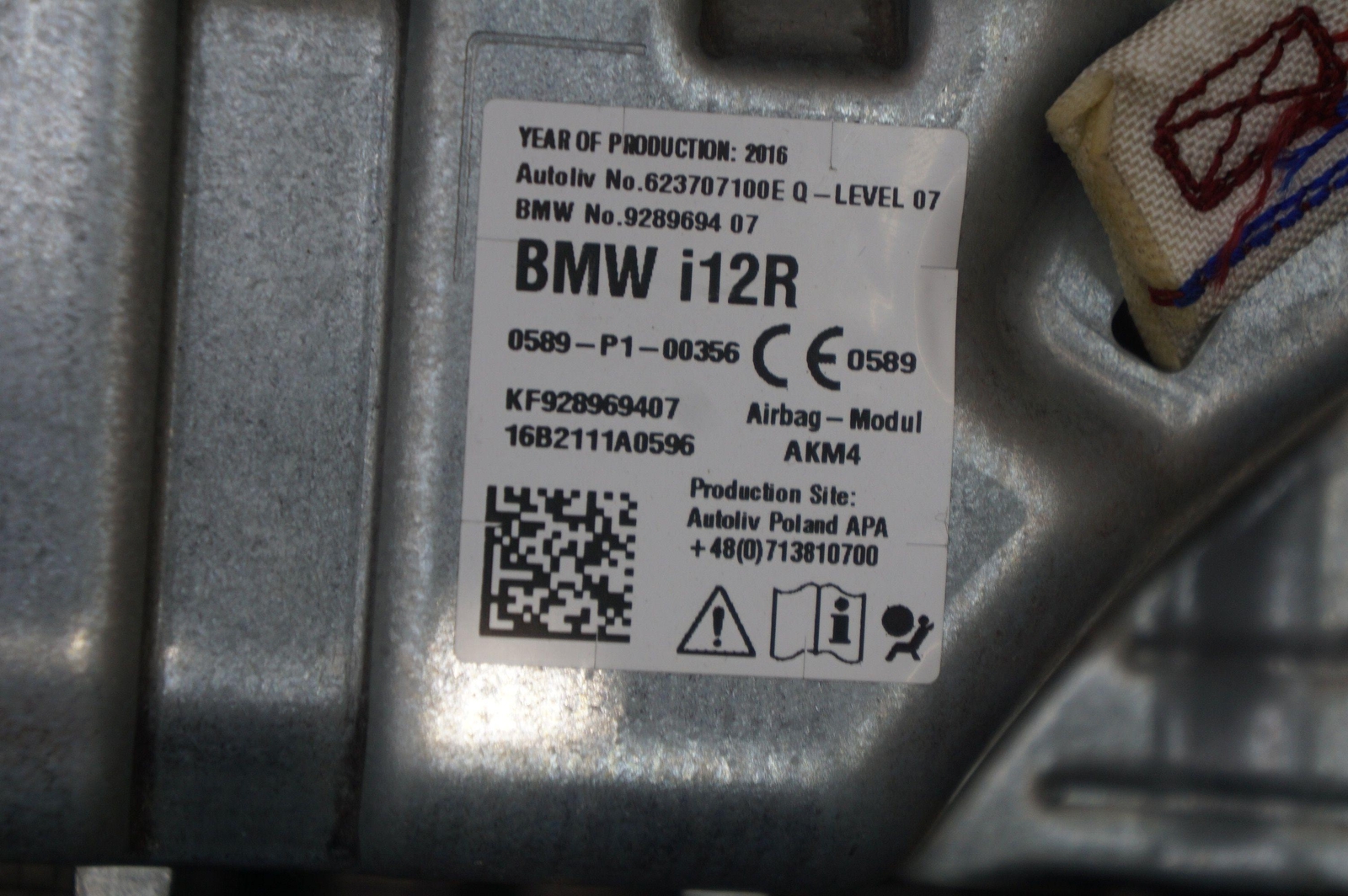 Right Passenger Dash Knee SRS Airbag Black OEM 72129289694 Bmw I8 14-17 19-20