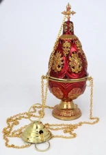 High Polished Brass Ornate Floral Red Enameled Incense Burner Censer 12.4 In