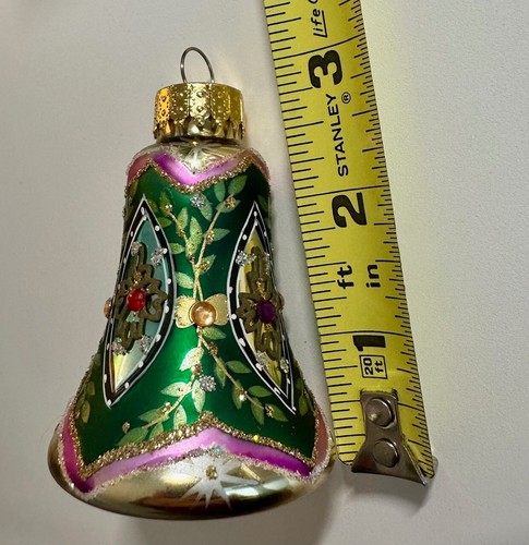 Vtg Hand Blown Green Gold Christmas Glass Ornament Bell Unique Treasures Box 3" - Picture 9 of 10
