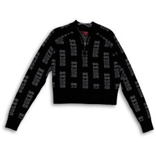 NEW GUESS BLACK WITH WHITE "GUESS" LOGO 1/4 ZIP CROPPED SWEATER XL