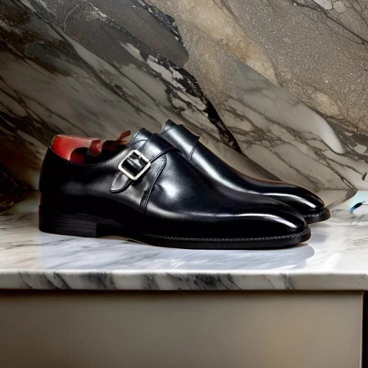 Handmade Black Double Monk Strap Genuine Leather Dress Office Shoes For Men