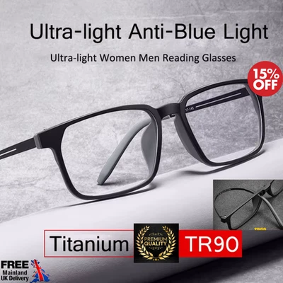 Pure Titanium Reading Glasses Classic Stylish Men Women TR90 Anti-Blue Ray UK
