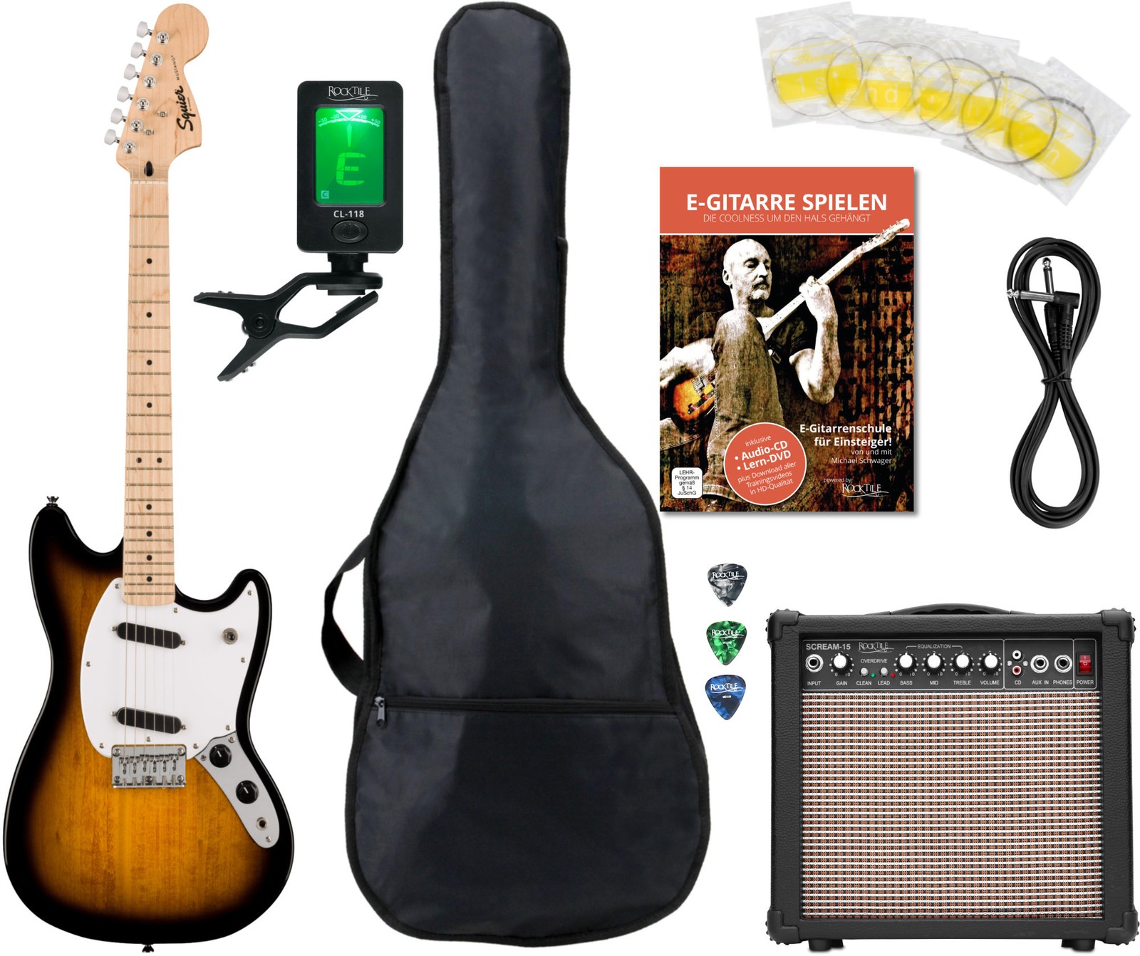 Squier by Fender Sonic Mustang 2-Цветной стартовый набор Sunburst Zubehör с усилителем 15 Вт