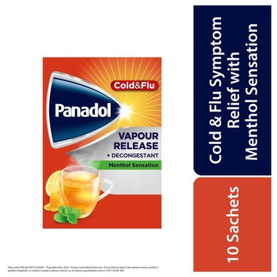 Panadol Cold and Flu Vapour Release Decongestant Hot Lemon Honey Ment 10 Sachets