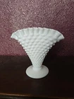 Vintage 1960s Fenton White Milk Glass Hobnail Ruffled Edge Fan Shaped 6” Vase