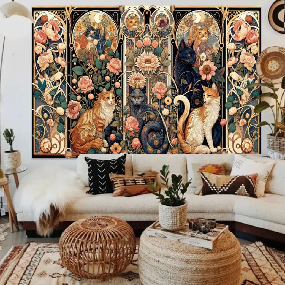Apdidl Boho Floral Cute Wall Tapestry for Bedroom, Vintage Flower Cat ...
