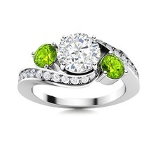 925 Sterling Silver 5MM Round Shape White Topaz  Peridot Three Stone Women Ring