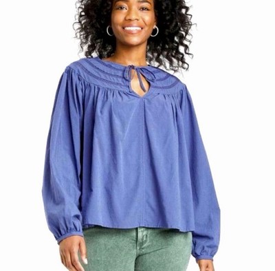 Universal Thread Blue Cotton Woven Split Neck Tie Blouse Lace Accent M