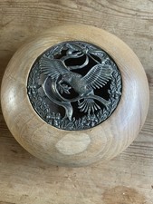 Vintage Hand Crafted Light Oak Wood Pewter Bird Design Pot Pouri Bowl