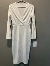 Womens White Bodycon Midi Dress Medium Long Sleeve V Neck Stretch