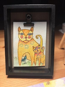 ACEO Original Kewl Cat Series Under Mommas Wing, Whimsical Fantasy OOAK TINY ART