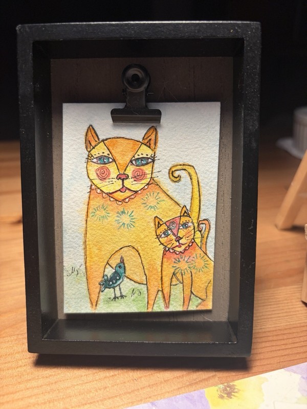 ACEO Original Kewl Cat Series Under Mommas Wing, Whimsical Fantasy OOAK TINY ART