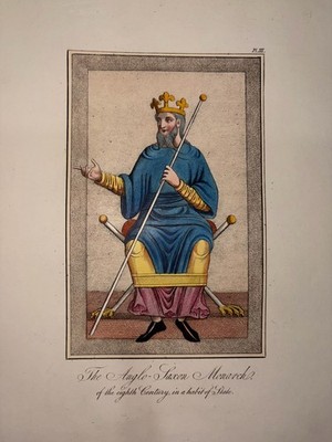 The Anglo Saxon Monarch King England Colored Engraving 1842 Joseph Strutt Nice!!