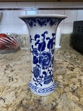 Blue and White Pottery Vase. 8.2  Tall. Chinoiserie Style- Ceramic Flower Vase.