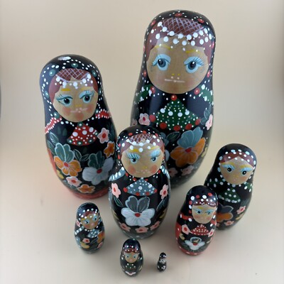 Vintage Russian Matryoshka 8pcs Folk Nesting Dolls Hand Painted Wooden See Pics
