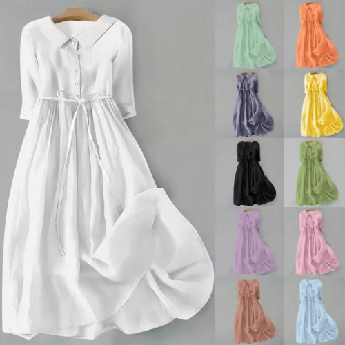¡Vestidos largos informales para mujer con botones de lino de algodón vestido caftán talla grande! - Imagen 3 de 35