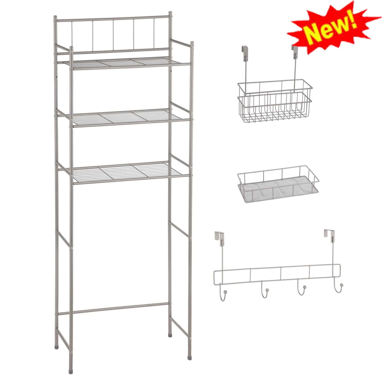 4 Piece Steel Satin Nickel Bath Shelves Set W/Wire Basket 4-Hook Organizer Adult