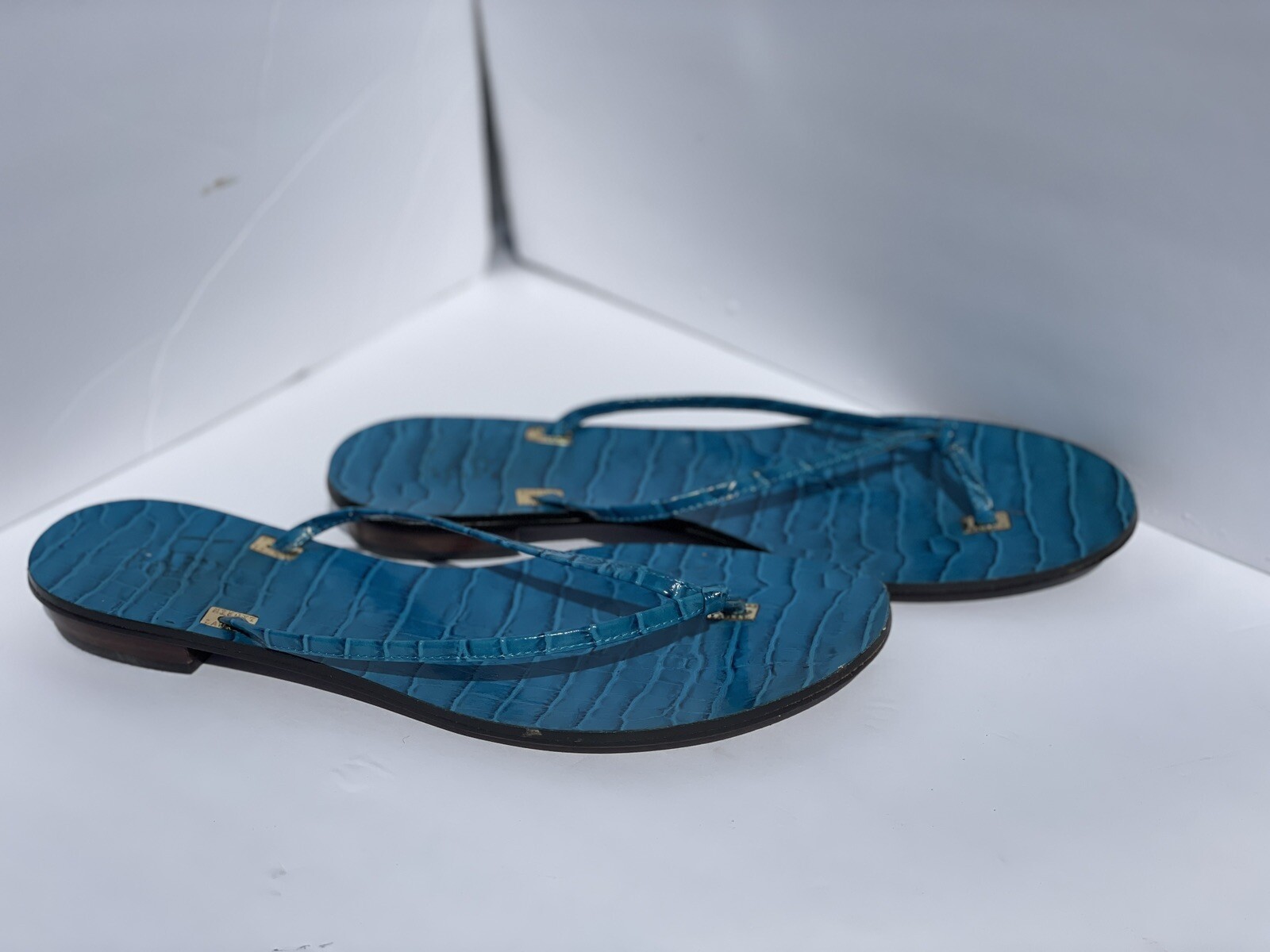 PANTOFOLA D’ORO Sandali perizoma RALPH LAUREN taglia 7 5 blu turchese coccodrillo in rilievo pelle diapositive