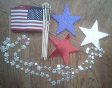 16 July 4 decor. 12 flags 4x6" red white blue stars, silver star garland