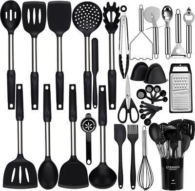 Kitchen Utensil Set, 35-Piece Silicone Cooking Tool Set with Stand, Black