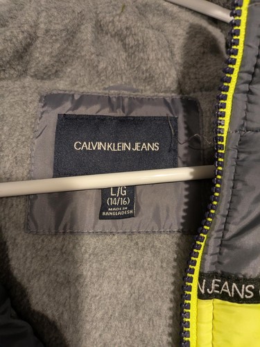 Calvin Klein Jeans Puffer Jacket Gray & Neon Yellow Kids Boys Size Large 14/16 - Picture 5 of 9